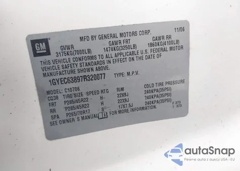 2007 Cadillac Escalade Standard из США, поврежденный, VIN 1GYEC63897R320077